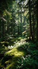 Fototapeta premium Sunlight streams through lush, green forest canopy, illuminating mossy ground