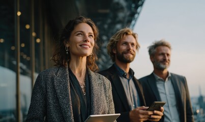 Business team of three professionals looking forward modern city background Successful business concept Outdoor setting