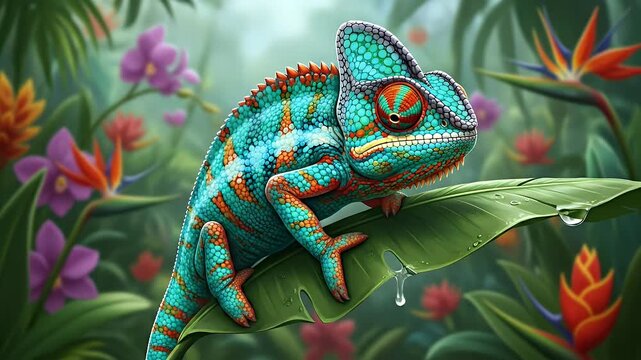 A colorful vibrant chameleon reptile sitting on a green leaf in a lush tropical jungle with flowers