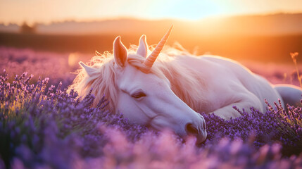 White unicorn in lavender field at sunset