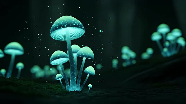A group of magical glowing bioluminescent mushrooms growing in a dark fantasy forest at night
