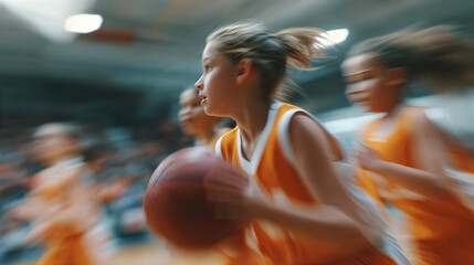Young girl playing basketball with motion blur, showcasing dynamic sports action and youth team game for athletic youth.