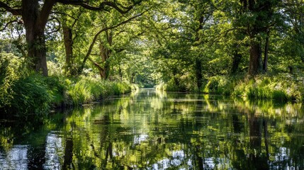 Serene river scene with lush green trees, reflecting light and nature's beauty