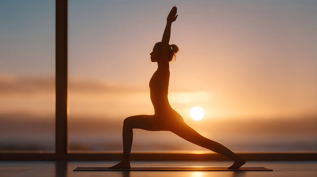 Woman in warrior yoga pose during sunset. Fitness and meditation concept. Healthy lifestyle and wellness. Indoor yoga practice.