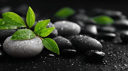 Zen and wellness concept Green plant growing on wet black stones symbolizing wellness and serenity.