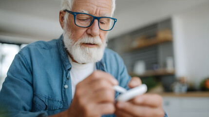 Puzzled senior man trying to use modern wireless earbud. Confused elderly guy having trouble with new technology, adapting to digital devices.