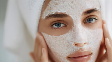 Woman with a white facial mask applying skincare product. Beauty treatment and spa concept for healthy skin. Cosmetology procedure.