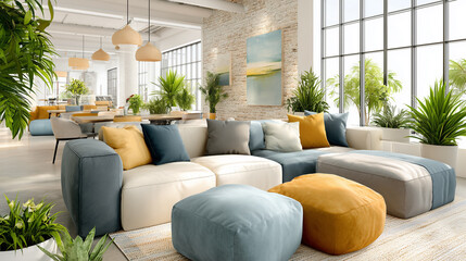 A modern open-plan office interior with stylish furniture and thoughtful design. The space is filled with natural light and equipped with modern equipment and decor elements, creating an atmosphere of
