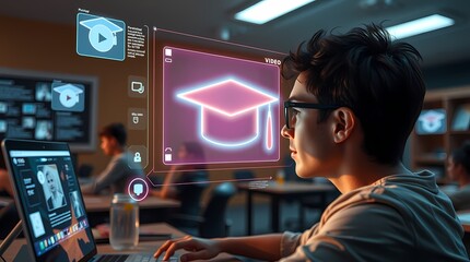Student immersed in online learning with graduation cap hologram glowing on screen