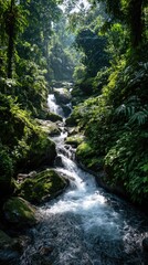 Lush tropical scene. Water cascading down rocks, surrounded by green foliage. Sunlight filters through