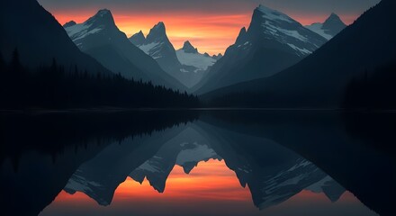 Majestic mountain range reflects in calm lake at vibrant sunset with fiery orange sky