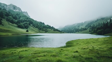Breathtaking mountain valley featuring a serene lake surrounded by lush greenery