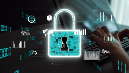 A digital security concept featuring a glowing lock symbol amidst data charts and analytics,...