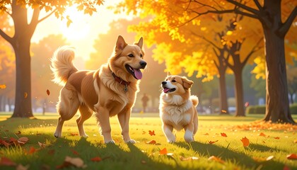 Two dogs frolic in a park bathed in autumnal sunlight, their golden coats gleaming under the warm glow.