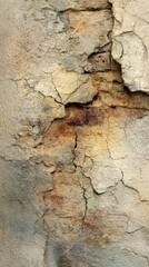 Fototapeta premium Close-up of weathered textured wall with cracks, chips, and aged color variations