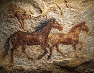 Cave wall painting horses, prehistoric art,  animals,  France, history