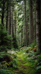 Obraz premium Lush green forest path, tall trees reaching the sky, mossy ground