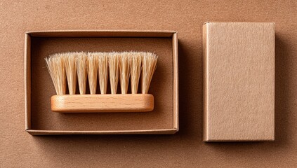 Wooden brush in eco-friendly box on kraft paper
