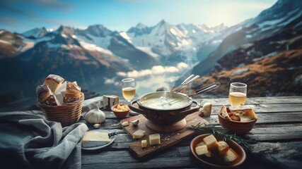  Gourmet Cheese Fondue for a Luxury Chalet and Alpine Travel Campaign, Showcasing an Elegant Winter Feast in a Snowy Mountain Landscape for the Holiday Season