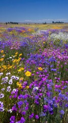 Fototapeta premium Vast field of vibrant wildflowers under a bright blue sky