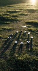 Metal rings arranged on grass, illuminated by sunlight, casting long shadows
