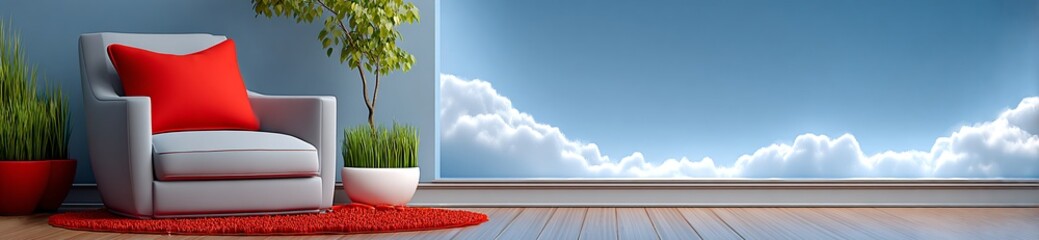 a modern living room scene featuring a modern chair with a bright red cushion next to a potted plant on a red rug, and a large window overlooking a cloudy sky