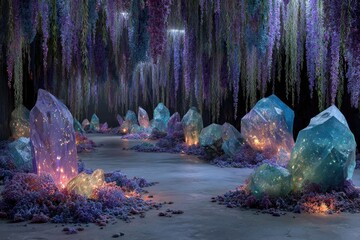 and keyword list based on the image

 Crystals Glow Under Hanging Flowers in Cave