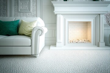 a modern living room scene featuring a white sofa with green pillows