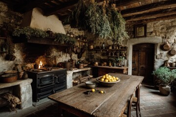 and keyword list based on the image

 Lemons on Wooden Table, Stove Flame Burns, Herbs Hang in Rustic Kitchen.