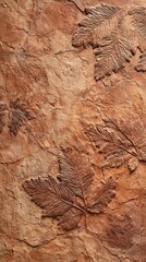 Textured brown surface with pressed leaf imprints, autumnal theme