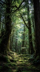 Lush forest with sunlight streaming through trees, mossy path
