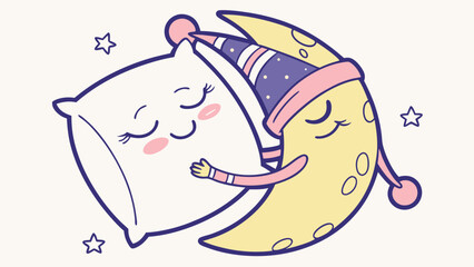 Cartoon Moon and Pillow Embracing with Sleepy Eyes and Stars Floating Around