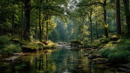Obraz premium and keyword list based on the imageWater Flows Through Forest Serene Nature Scene in Deep Woods.