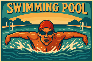 Swimming pool retro poster.Vector illustration with lettering