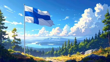 A picturesque landscape featuring a Finnish flag waving high above a serene valley, bathed in sunlight and dotted with lush greenery.