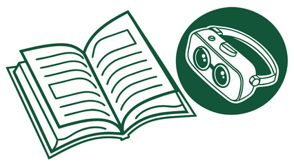 Open book with lined pages and a VR headset in a green circle