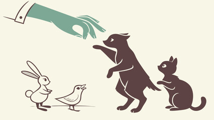 Stylized Illustration of Animals and a Hand Reaching Out