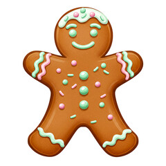 A cheerful gingerbread man with colorful sprinkles. The gingerbread man is decorated with icing details