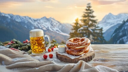 Holiday Food and Drink for Brewery and Travel Campaigns: Festive Beer, Pretzels, and Alpine Scenery in a Cozy Winter Setting