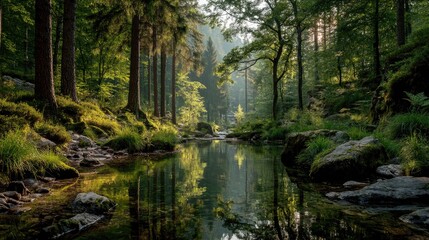 and keywords based on the image

 River Reflects Dense Forest Serene Stream Amidst Tall Trees in Wilderness