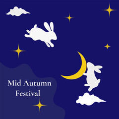 Rabbits with a moon in the starry sky. Mid-autumn holiday