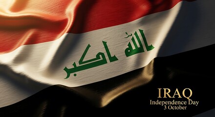 Dramatic Draped Iraqi Flag: Independence Day, October 3rd - Rich Texture and Golden Text