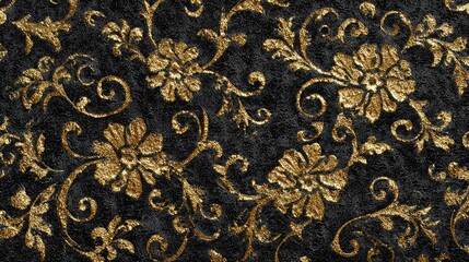 Gold floral pattern on a black textured background, elegant design