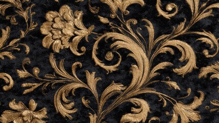 Ornate, gold floral pattern on dark background. Victorian, opulent design