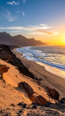 Golden hour light bathes a dramatic coastline, where sand dunes meet a tranquil beach at sunset.