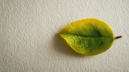 Single leaf, green and yellow, on textured white paper. Detailed view