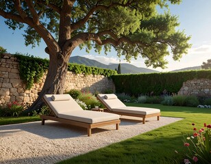 Two sun loungers under a large tree in a sun-drenched garden with a stone wall and a grassy lawn.