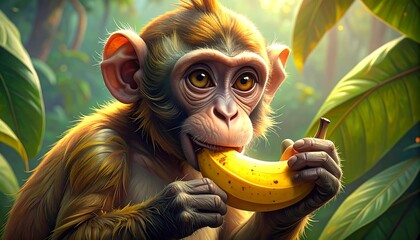 A captivating depiction of a young monkey engrossed in consuming a banana, highlighting detailed fur textures and jungle ambiance.