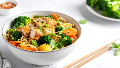 A bowl of savory noodles is topped with grilled chicken, broccoli, carrots, and peas.