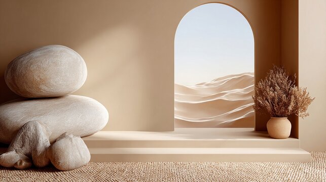 a serene indoor setting with a large oval window allowing natural light to enter, on the left side of the image, a sculpture made of fluffy,